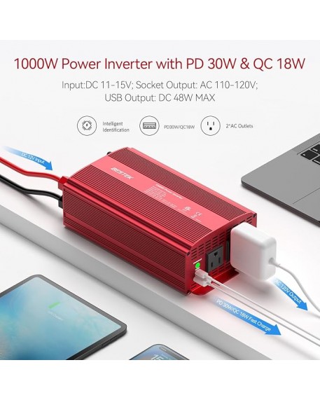 BESTEK 2-Outlet 1000W Car Power Inverter DC 12V to AC 110V with PD 30W USB C and QC 18W